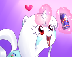 Size: 500x400 | Tagged: safe, artist:celerypony, oc, oc only, oc:celery, pony, unicorn, drink, energy drink, happy, heart, magic, red bull, solo, telekinesis