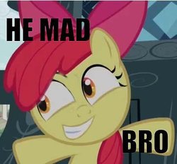 Size: 362x336 | Tagged: safe, apple bloom, g4, faic, female, filly, foal, grin, image macro, inverted mouth, meme, reaction image, smiling, solo, text