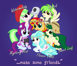 Size: 1280x1102 | Tagged: safe, artist:violetclm, cherry crash, drama letter, mystery mint, paisley, sunset shimmer, sweet leaf, watermelody, pony, equestria girls, g4, background human, equestria girls ponified, lÿröck, mane six opening poses, ponified, shimmer six