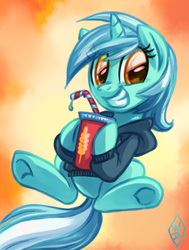 Size: 701x928 | Tagged: safe, artist:whitediamonds, lyra heartstrings, pony, unicorn, fanfic:background pony, g4, abstract background, clothes, cup, drink, female, grin, hoodie, mare, smiling, soda, solo