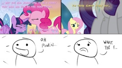 Size: 2560x1440 | Tagged: safe, fluttershy, pinkie pie, twilight sparkle, equestria girls, g4, caption, quote, reaction image
