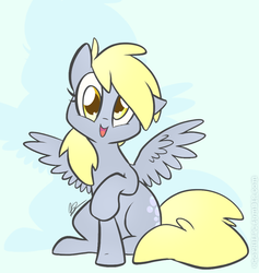Size: 500x527 | Tagged: safe, artist:egophiliac, derpy hooves, pegasus, pony, g4, cute, derpabetes, female, happy, looking at you, mare, open mouth, raised hoof, smiling, solo, spread wings