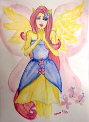 Size: 1280x1746 | Tagged: safe, artist:grimmlig, fluttershy, butterfly, equestria girls, g4, my little pony equestria girls, female, flutterfly, solo, traditional art