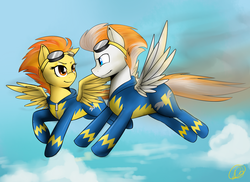 Size: 2200x1600 | Tagged: safe, artist:spittfireart, fire streak, spitfire, pegasus, pony, g4, eye contact, female, flying, goggles, looking at each other, male, mare, sky, stallion, wonderbolts, wonderbolts uniform