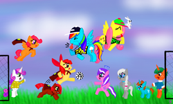 Size: 854x512 | Tagged: safe, artist:sue9000, angel bunny, apple bloom, babs seed, diamond tiara, fluttershy, rainbow dash, scootaloo, silver spoon, snails, snips, sweetie belle, earth pony, pony, g4, ball, bipedal, blowing whistle, cape, clothes, coach fluttershy, coach rainbow dash, cutie mark crusaders, football, hat, jersey, rainblow dash, rainbow dashs coaching whistle, referee, referee fluttershy, referee rainbow dash, shirt, whistle