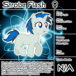 Size: 1200x1200 | Tagged: safe, artist:ludiculouspegasus, oc, oc only, oc:strobe flash, pony, unicorn, bio, female, filly, offspring, parent:neon lights, parent:vinyl scratch, parents:vinylights, reference sheet, solo, text