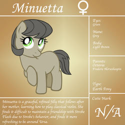 Size: 1200x1200 | Tagged: safe, artist:ludiculouspegasus, oc, oc only, earth pony, pony, bio, female, filly, minuetta, offspring, parent:frederic horseshoepin, parent:octavia melody, parents:fredtavia, reference sheet, solo, text