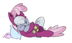 Size: 900x544 | Tagged: safe, artist:rainbow-dosh, artist:xioade, cheerilee, silver spoon, earth pony, pony, g4, cheeribetes, cuddling, cute, eyes closed, female, filly, foal, hug, pillow, silverbetes, simple background, snuggling, transparent background