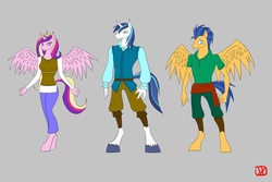 Size: 1095x730 | Tagged: safe, artist:lordvader914, flash sentry, princess cadance, shining armor, anthro, unguligrade anthro, g4, hooves, simple background