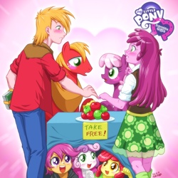 Size: 1000x1000 | Tagged: safe, artist:uotapo, apple bloom, big macintosh, cheerilee, scootaloo, sweetie belle, earth pony, human, pony, equestria girls, g4, hearts and hooves day (episode), apple, blushing, cheeribetes, clothes, cute, cutie mark crusaders, equestria girls logo, female, human ponidox, macabetes, male, plate, ship:cheerimac, shipper on deck, shipping, skirt, square crossover, straight, uotapo is trying to murder us