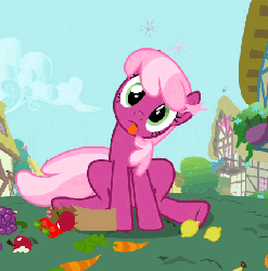 Size: 424x429 | Tagged: safe, screencap, cheerilee, earth pony, pony, g4, secret of my excess, animated, apple, bag, carrot, circling stars, derp, dizzy, female, grapes, lemon, paper bag, solo, stars, strawberry, tongue out
