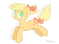 Size: 2000x1473 | Tagged: dead source, safe, artist:php17, applejack, earth pony, pony, g4, alternate hairstyle, bow, female, filly, filly applejack, foal, freckles, hair bow, jumping, no catchlights, no pupils, open mouth, open smile, simple background, smiling, solo, tail bow, white background, younger