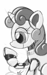 Size: 1600x2560 | Tagged: safe, artist:symbianl, sweetie belle, pony, robot, robot pony, unicorn, g4, black and white, female, filly, foal, grayscale, hooves, horn, monochrome, simple background, solo, species swap, sweetie bot, white background