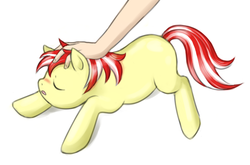 Size: 682x449 | Tagged: safe, artist:quickhorn, oc, oc only, earth pony, human, pony, arm, blank flank, disembodied hand, hand, human on pony petting, petting