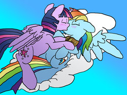 Size: 1024x765 | Tagged: safe, artist:sunamena, color edit, edit, rainbow dash, twilight sparkle, alicorn, pony, g4, blushing, book, cloud, colored, day, duo, female, gradient background, kiss on the lips, kissing, lesbian, lying down, lying on a cloud, mare, on a cloud, ship:twidash, shipping, sky, twilight sparkle (alicorn)