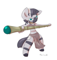 Size: 733x772 | Tagged: safe, artist:alsou, zecora, zebra, anthro, g4, bra, clothes, female, loincloth, simple background, solo, staff, transparent background, underwear, weapon