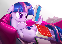 Size: 3507x2480 | Tagged: safe, artist:gashiboka, twilight sparkle, pony, g4, belly, belly button, book, female, reading, solo, twilight sparkle is not amused, unamused