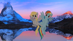 Size: 1920x1080 | Tagged: safe, artist:chanceh96, derpy hooves, rainbow dash, pegasus, pony, g4, female, floating, irl, lake, mare, mountain, photo, ponies in real life, scenery, sunrise, switzerland, vector