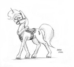 Size: 937x852 | Tagged: safe, artist:baron engel, oc, oc only, oc:petina, pony, unicorn, breast collar, bridle, female, grayscale, mare, monochrome, pencil drawing, saddle, solo, tack, traditional art