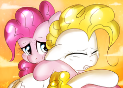 Size: 4999x3581 | Tagged: dead source, safe, artist:flarities, pinkie pie, surprise, g1, g4, comforting, crying, g1 to g4, generation leap, hug, sad