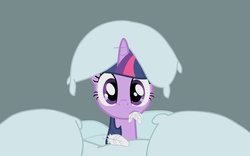 Size: 1440x900 | Tagged: safe, artist:cloudy glow, twilight sparkle, pony, unicorn, g4, look before you sleep, confused, feather, female, gray background, huh, mare, mouth hold, pile, pillow, pillow hat, simple background, solo, trace, unicorn twilight, vector, wat