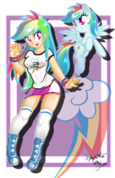 Size: 1600x2480 | Tagged: safe, artist:danmakuman, rainbow dash, human, pegasus, pony, g4, boots, clothes, female, human ponidox, humanized, light skin, mare, miniskirt, open mouth, shirt, skirt, smiling, thigh highs