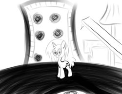 Size: 1017x786 | Tagged: safe, dj pon-3, vinyl scratch, pony, unicorn, g4, female, micro, monochrome, record, solo