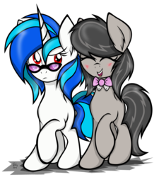 Size: 898x1000 | Tagged: safe, artist:kristysk, dj pon-3, octavia melody, vinyl scratch, g4, blushing, bowtie, glasses, sunglasses