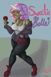 Size: 931x1400 | Tagged: safe, artist:mellowmod, sweetie belle, human, g4, breasts, busty sweetie belle, cleavage, clothes, dark skin, female, horn, horned humanization, humanized, older, pants, solo