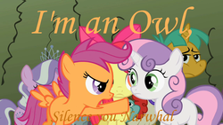 Size: 640x360 | Tagged: safe, edit, edited screencap, screencap, apple bloom, diamond tiara, scootaloo, snails, snips, sweetie belle, twist, narwhal, owl, g4, caption, cs188, cutie mark crusaders, dialogue, image macro, orange text, pointing, reference, text