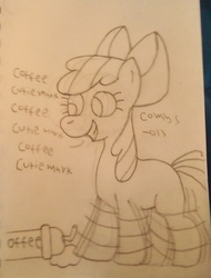 Size: 730x960 | Tagged: safe, artist:denturepony, artist:mentorwithdentures, apple bloom, earth pony, pony, g4, caffeine, coffee, cutie mark, female, filly, foal, grin, hyperactive, smiling, solo, text, traditional art