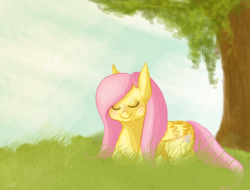 Size: 1500x1140 | Tagged: safe, artist:dilemarex, fluttershy, pegasus, pony, g4, eyes closed, female, grass, lying, mare, ponyloaf, prone, smiling, solo, tree