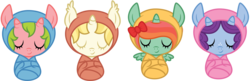 Size: 1600x521 | Tagged: safe, artist:ivyhaze, oc, oc only, alicorn, bat pony, bat pony unicorn, pony, unicorn, wingless bat pony, adoptable, baby, bow, eyes closed, filly, freckles, horn, multiple horns