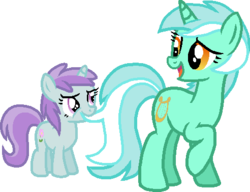 Size: 492x377 | Tagged: safe, artist:starryoak, liza doolots, lyra heartstrings, petunia, tootsie flute, pony, unicorn, g4, duo, female, filly, lyrabontoots family, mother and daughter, mouth hold, raised hoof, simple background, tail bite, transparent background