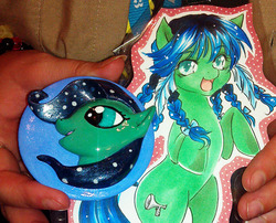 Size: 815x660 | Tagged: safe, artist:cehualli, oc, oc only, earth pony, pony, female, hand, mare, photo, pin, traditional art