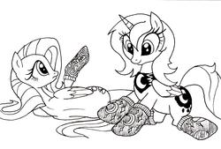 Size: 1776x1204 | Tagged: safe, artist:ricedawg, fluttershy, princess luna, g4, clothes, monochrome, s1 luna, socks