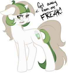 Size: 1317x1417 | Tagged: safe, artist:miss-vani, oc, oc only, pony, unicorn, dialogue, discorded, female, freckles, mare, simple background, solo