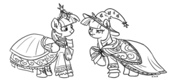 Size: 1280x615 | Tagged: source needed, safe, artist:king-kakapo, twilight sparkle, alicorn, pony, g4, clothes, dress, ear fluff, earring, female, frown, mare, monochrome, raised hoof, self ponidox, smiling, standing, twiface, twilight sparkle (alicorn), unamused