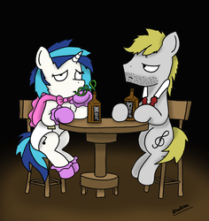 Size: 869x920 | Tagged: safe, artist:bobthedalek, dj pon-3, vinyl scratch, oc, oc:octavia's father, oc:ostinato melody, earth pony, pony, unicorn, g4, adult foal, backwards cutie mark, bonnet, booties, chair, diaper, diaper fetish, drink, drinking, duo, female, male, messy mane, night, non-baby in diaper, sitting, straw, stubble, table