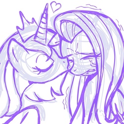 Size: 945x945 | Tagged: safe, artist:megasweet, fluttershy, princess luna, g4, crying, female, heart, kissing, lesbian, monochrome, s1 luna, ship:lunashy