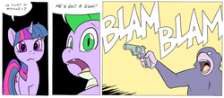 Size: 955x417 | Tagged: safe, artist:metal-kitty, spike, twilight sparkle, dragon, monkey, pony, unicorn, g4, comic, dialogue, female, gun, handgun, hellboy, hooves, horn, mare, open mouth, ponified, revolver, speech bubble, teeth, weapon