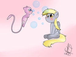 Size: 2592x1936 | Tagged: safe, artist:theratchetlover24, derpy hooves, mew, pegasus, pony, g4, blushing, bubble, crossover, cute, female, mare, nintendo, pokémon, video game