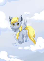 Size: 1100x1500 | Tagged: safe, artist:mimkage, derpy hooves, pegasus, pony, g4, alternate hairstyle, cloud, cloudy, female, flying, mare, ponytail, sky, solo