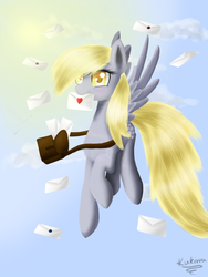 Size: 1944x2592 | Tagged: safe, artist:kukirra, derpy hooves, pegasus, pony, g4, bag, female, heart, letter, mail, mailbag, mailmare, mailpony, mare, mouth hold, solo