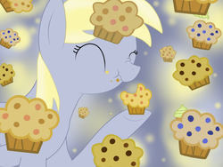 Size: 1600x1200 | Tagged: safe, artist:foxkmint76, derpy hooves, pegasus, pony, g4, cupcake, eating, female, food, mare, messy eating, muffin, nom, scrunchy face, solo