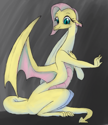 Size: 520x602 | Tagged: safe, artist:queencold, artist:saine grey, fluttershy, dragon, g4, color, dragonified, female, flutterdragon, gray background, simple background, smiling, solo, species swap