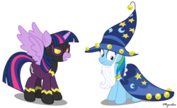 Size: 1024x628 | Tagged: safe, artist:mynder, rainbow dash, star swirl the bearded, twilight sparkle, alicorn, pony, g4, luna eclipsed, clothes, clothes swap, costume, duo, duo female, female, mare, shadowbolts costume, simple background, spread wings, transparent background, twilight sparkle (alicorn), wings