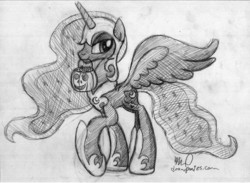 Size: 3300x2418 | Tagged: safe, artist:drawponies, princess luna, g4, clothes, costume, female, monochrome, mouth hold, solo, traditional art