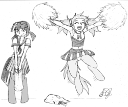 Size: 800x668 | Tagged: safe, artist:dj-black-n-white, oc, oc only, oc:glimmer, oc:hope, satyr, armpits, belly button, candy, cheerleader, clothes, duo, eyes closed, female, grayscale, halloween, jumping, midriff, monochrome, nightmare night, parent:lyra heartstrings, parent:twilight sparkle, schoolgirl, skirt, traditional art, trick or treat, upskirt