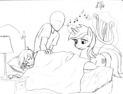 Size: 800x611 | Tagged: safe, artist:dj-black-n-white, lyra heartstrings, oc, oc:anon, oc:hope, human, pony, satyr, unicorn, g4, bed, daughter, eyes closed, family, father, female, grayscale, harp, levitation, lullaby, magic, male, mare, monochrome, mother, musical instrument, offspring, parent:lyra heartstrings, singing, sleeping, telekinesis, traditional art